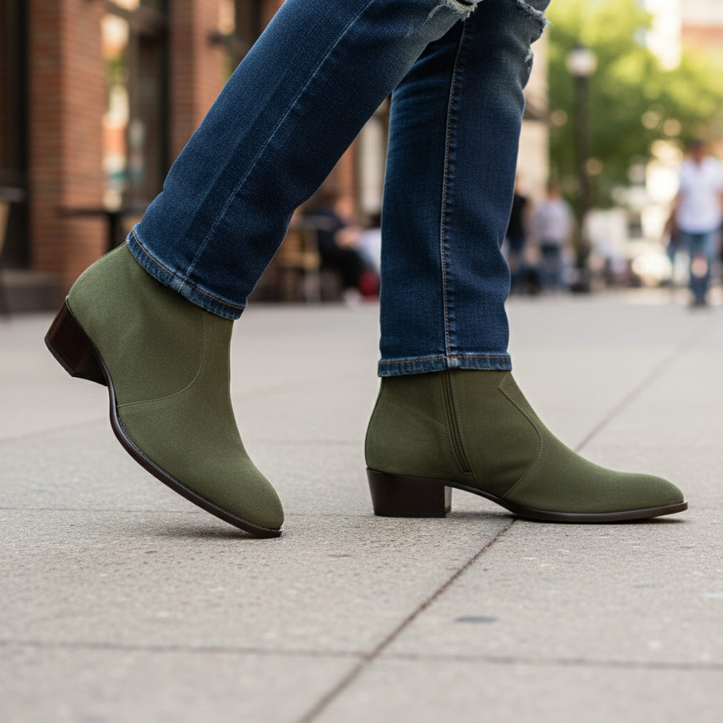 Men's Green Suede Ankle Boots - model-casual-setting