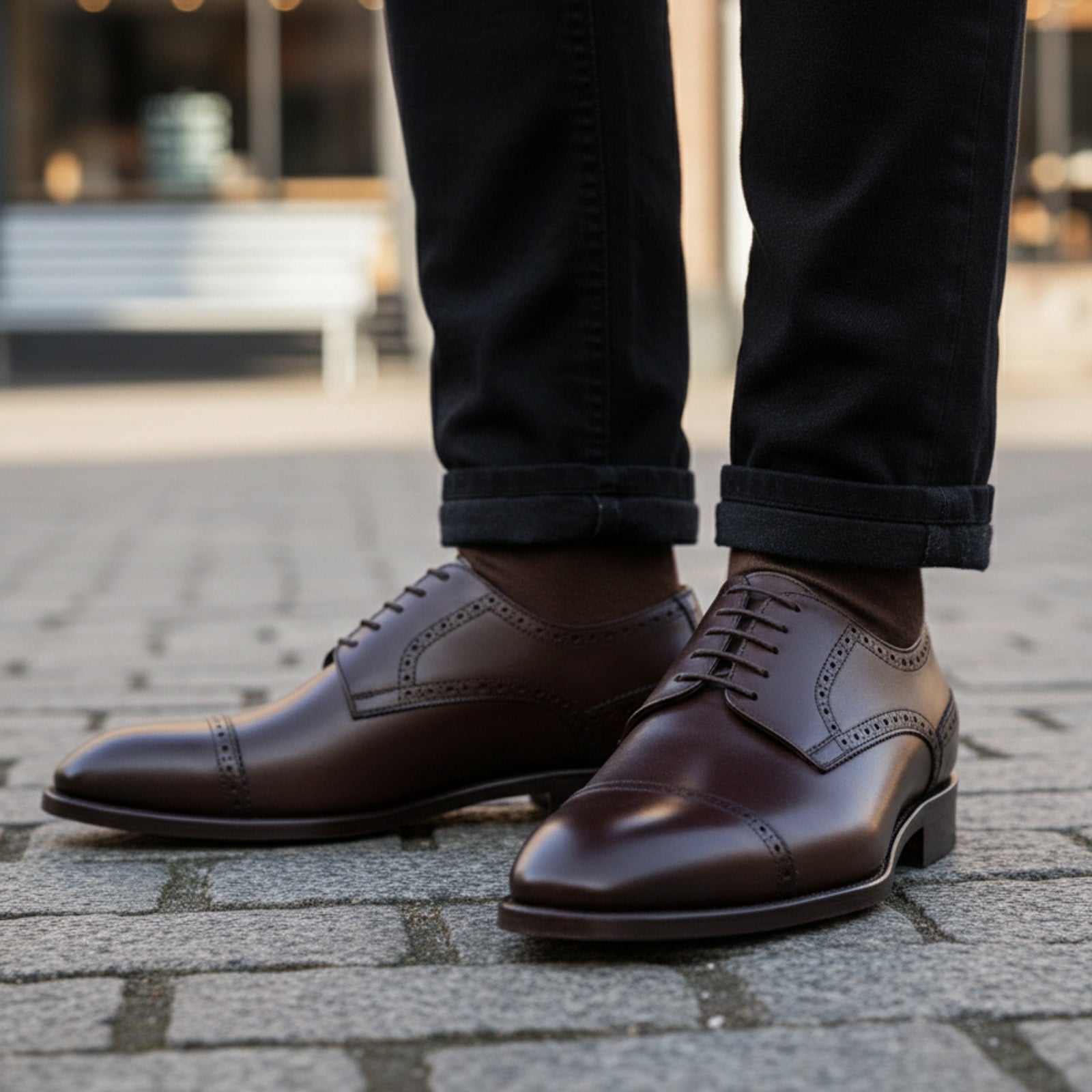 Men's Dark Brown Leather Oxford Dress Shoes - model-casual-setting