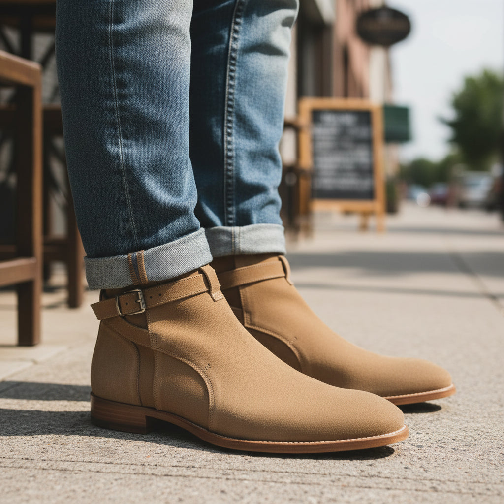 model-casual-setting - Men's Handmade Beige Suede Jodhpur Ankle Boot with Leather Sole