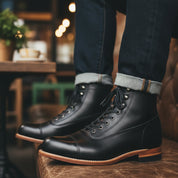 model-casual-setting - Men's Handmade Black Leather Ankle Boot with Handcrafted Detailing