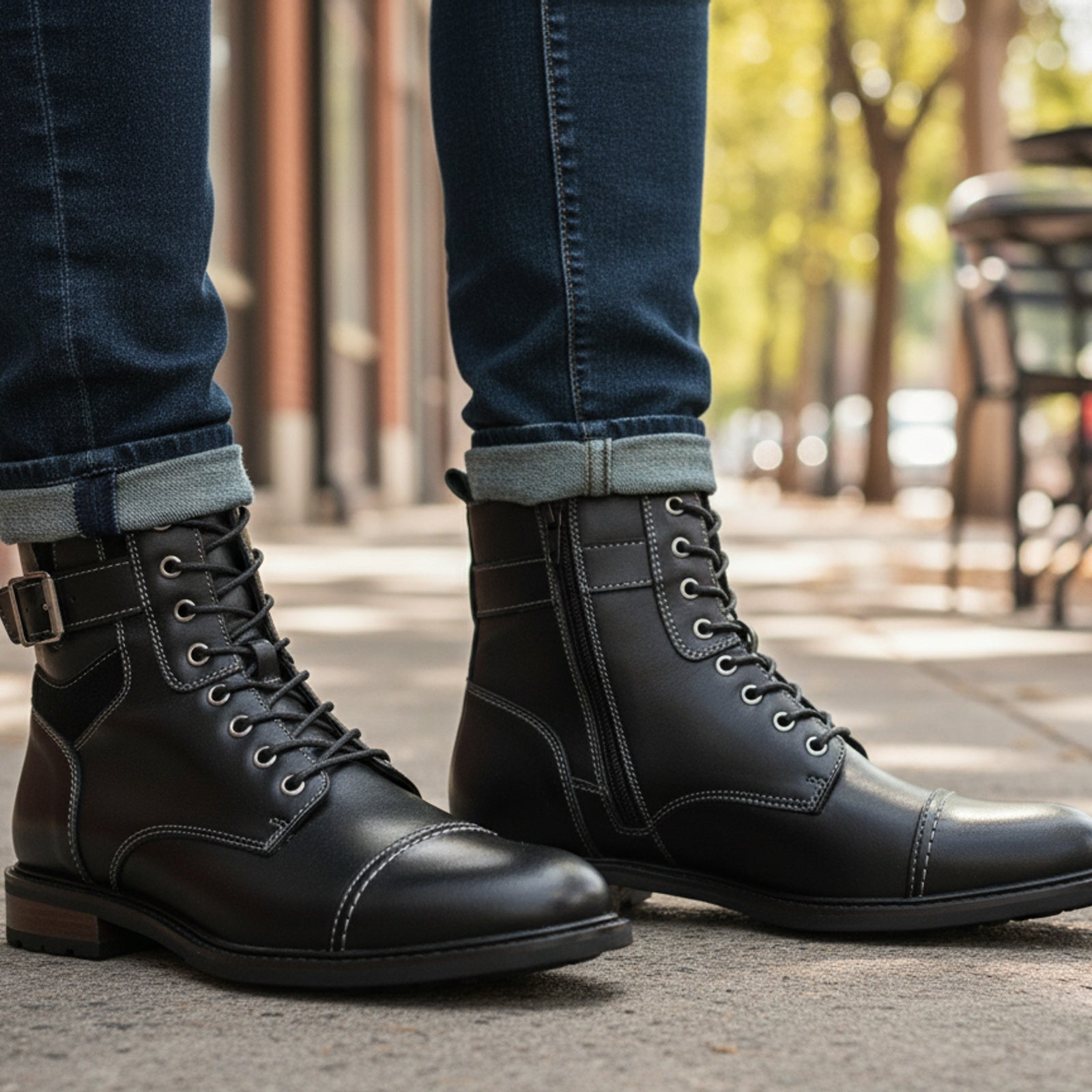 model-casual-setting - Men's Handmade Black Leather Classic Boots with Customization Options