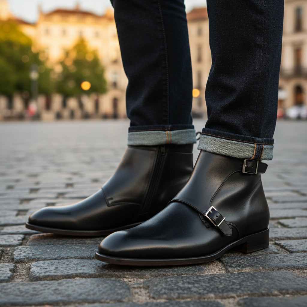 model-casual-setting - Men's Handmade Black Leather Double Monk Boots with Artisan Features
