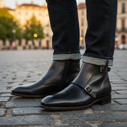 model-casual-setting - Men's Handmade Black Leather Double Monk Boots with Artisan Features