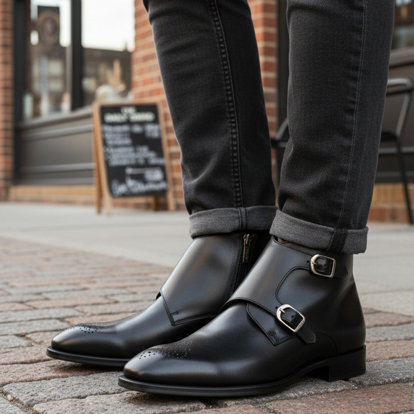 model-casual-setting - Men's Handmade Black Leather Double Monk Boots with Premium Craftsmanship