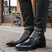 model-casual-setting - Men's Handmade Black Leather Double Monk Boots with Premium Craftsmanship