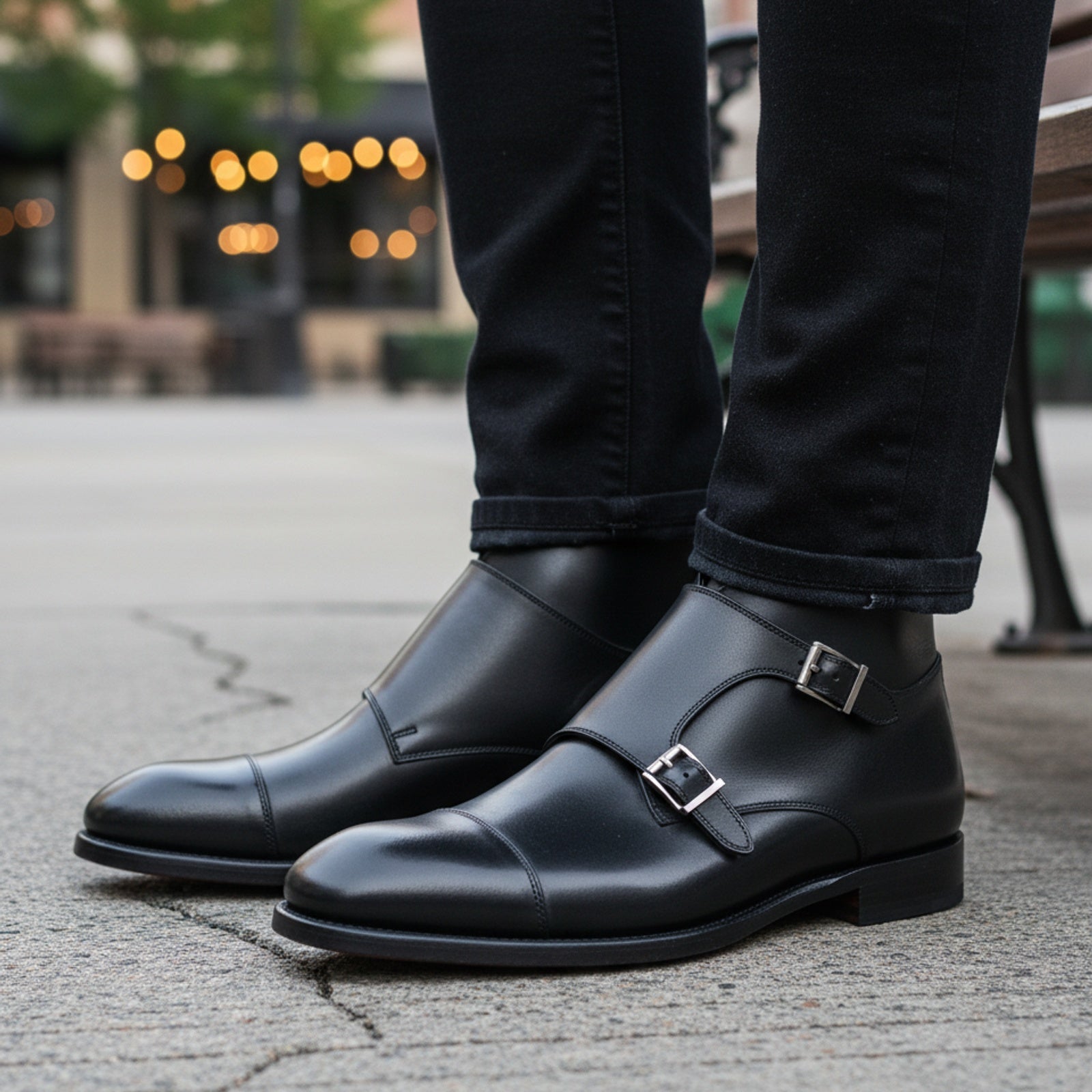 model-casual-setting - Men's Handmade Black Leather Double Monk Strap Boots
