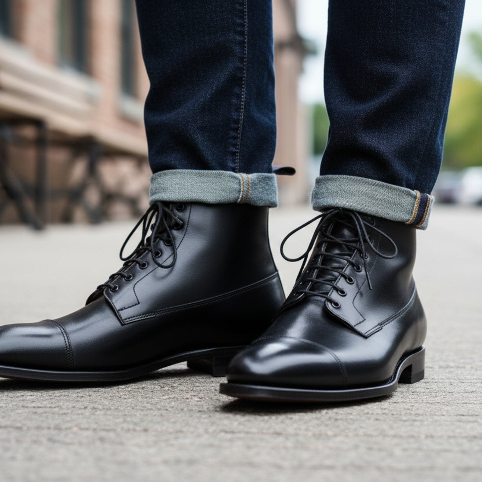 model-casual-setting - Men's Handmade Black Leather Dress Boots with Custom Features