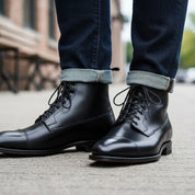model-casual-setting - Men's Handmade Black Leather Dress Boots with Custom Features
