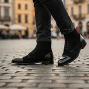 model-casual-setting - Men's Handmade Black Leather Oxford Ankle Boots with Dress Design