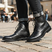 model-casual-setting - Men's Handmade Black Leather Wingtip Brogue Ankle Boots