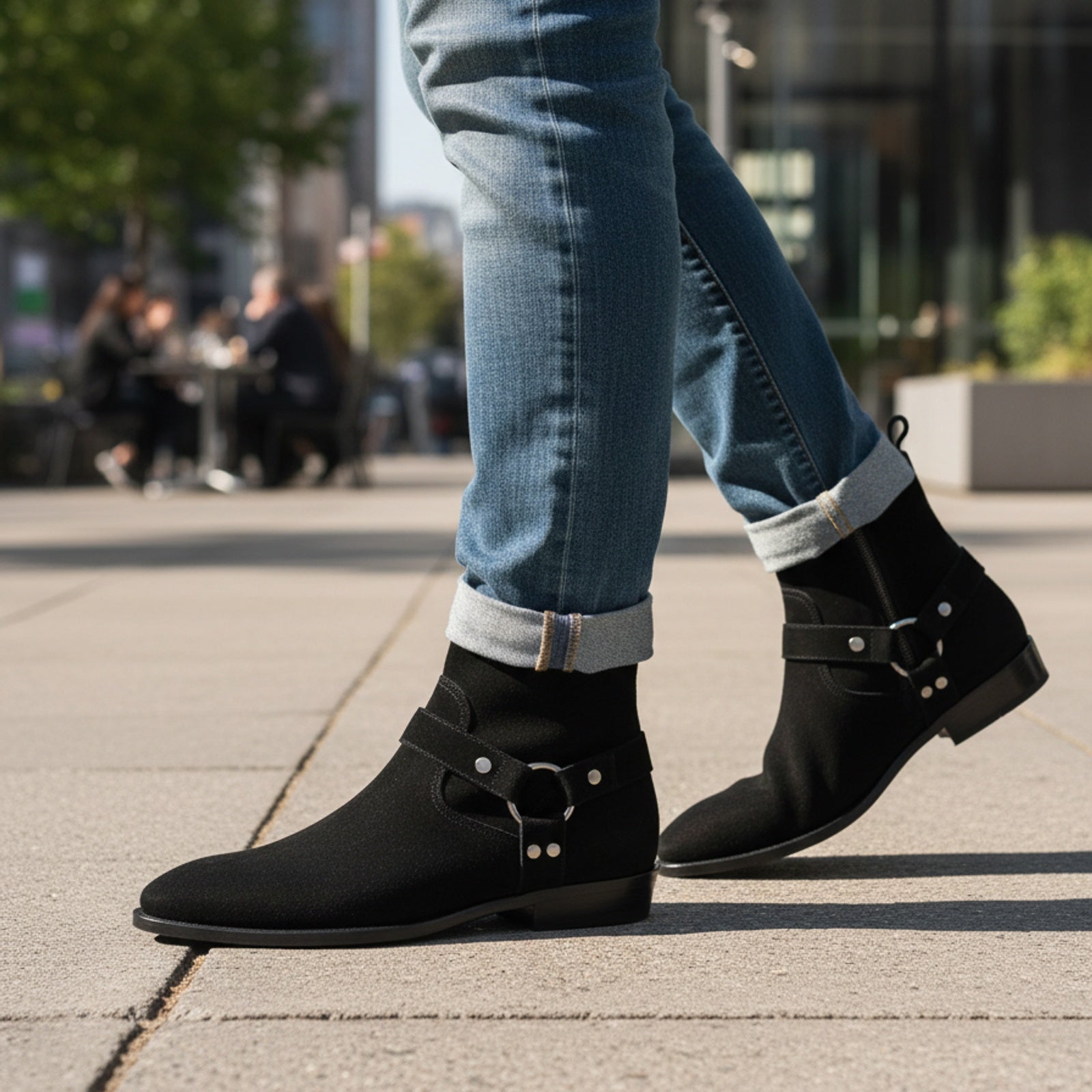 model-casual-setting - Men's Handmade Black Suede Biker Ankle Boots with Side Zipper