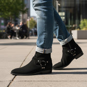 model-casual-setting - Men's Handmade Black Suede Biker Ankle Boots with Side Zipper