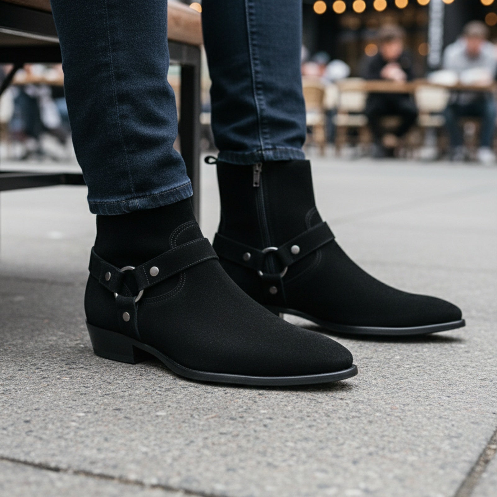 model-casual-setting - Men's Handmade Black Suede Biker Ankle Boots with Side Zipper