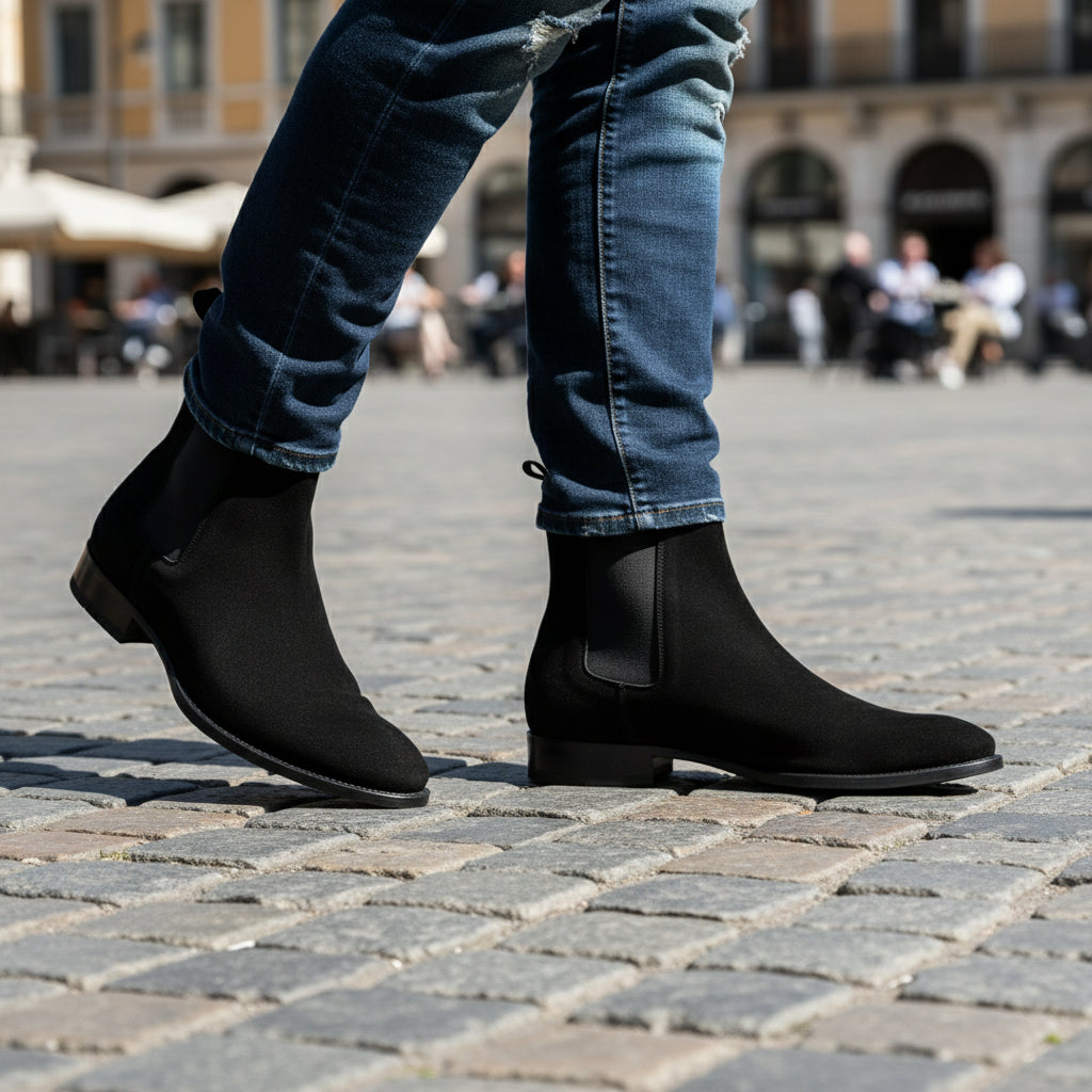 model-casual-setting - Men's Handmade Black Suede Chelsea Boots – Customizable Options