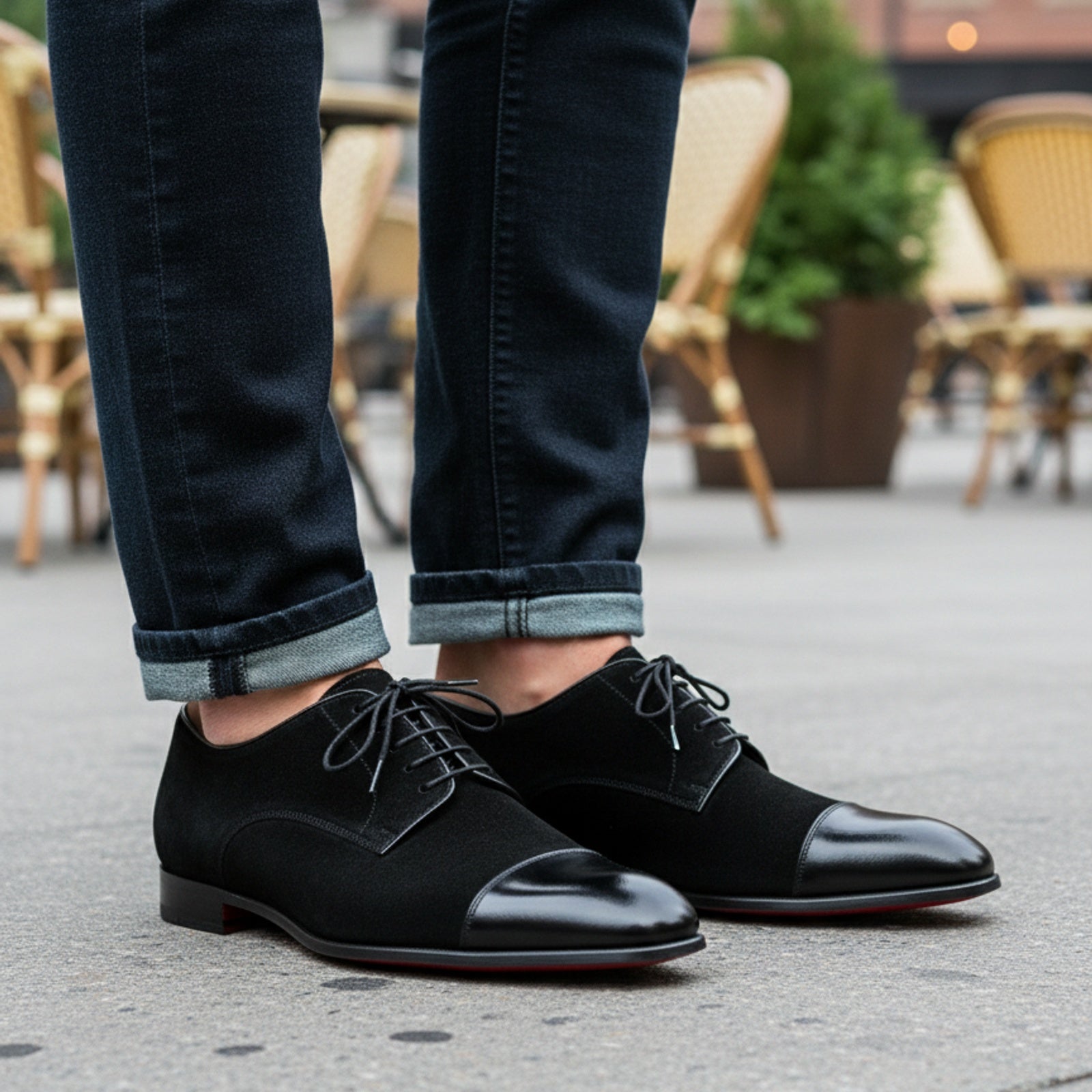 model-casual-setting - Men's Handmade Black Suede & Leather Formal Shoes