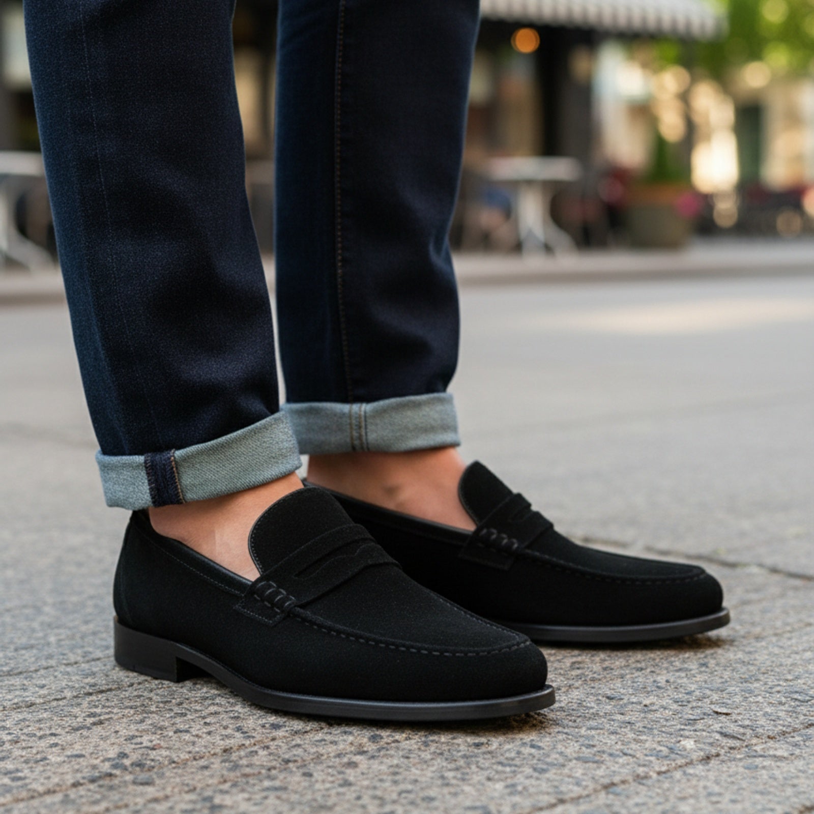 model-casual-setting - Men's Handmade Black Suede Moccasins with Slip-On Design
