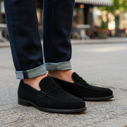 model-casual-setting - Men's Handmade Black Suede Moccasins with Slip-On Design