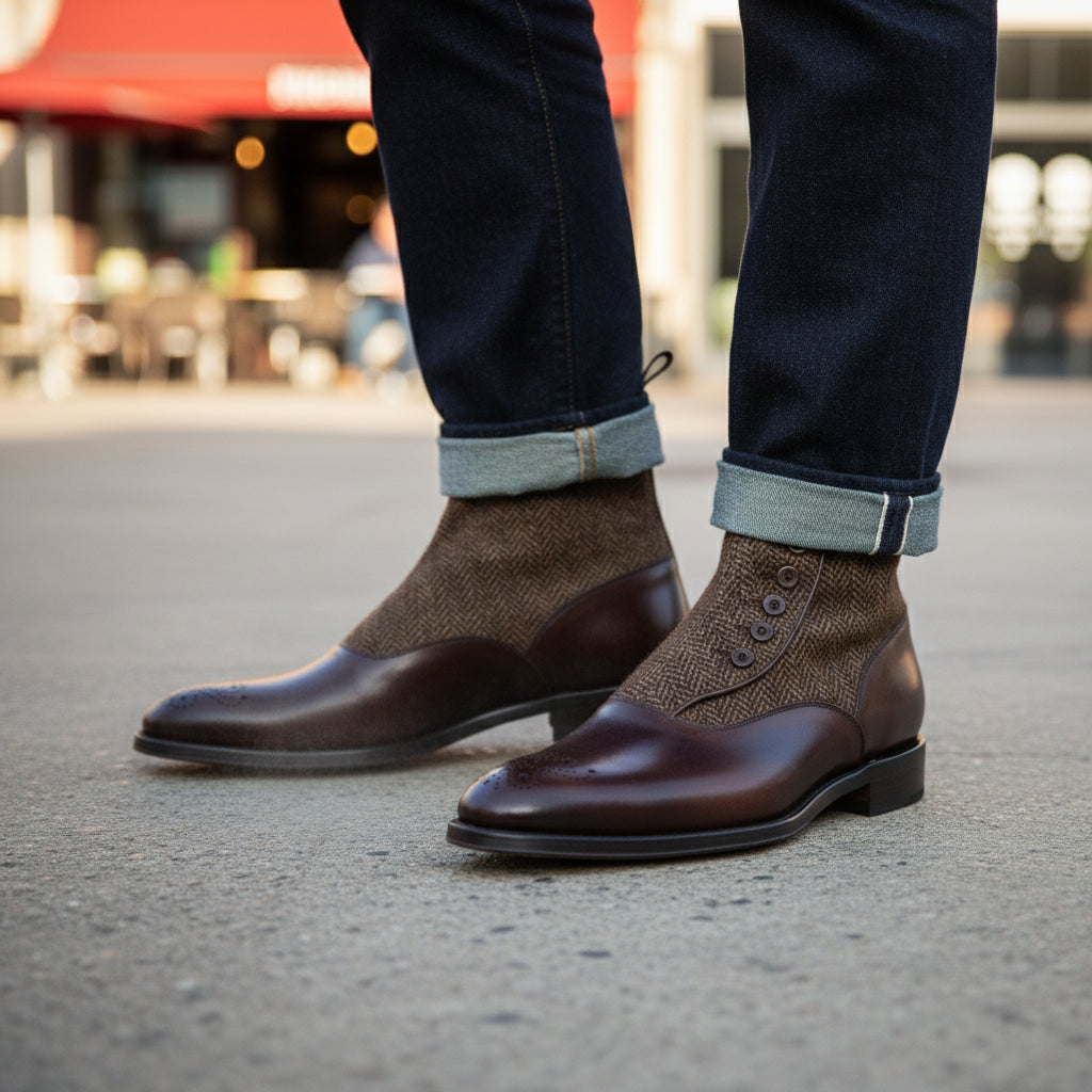 model-casual-setting - Men's Handmade Brown Leather Button Boots with Premium Fit