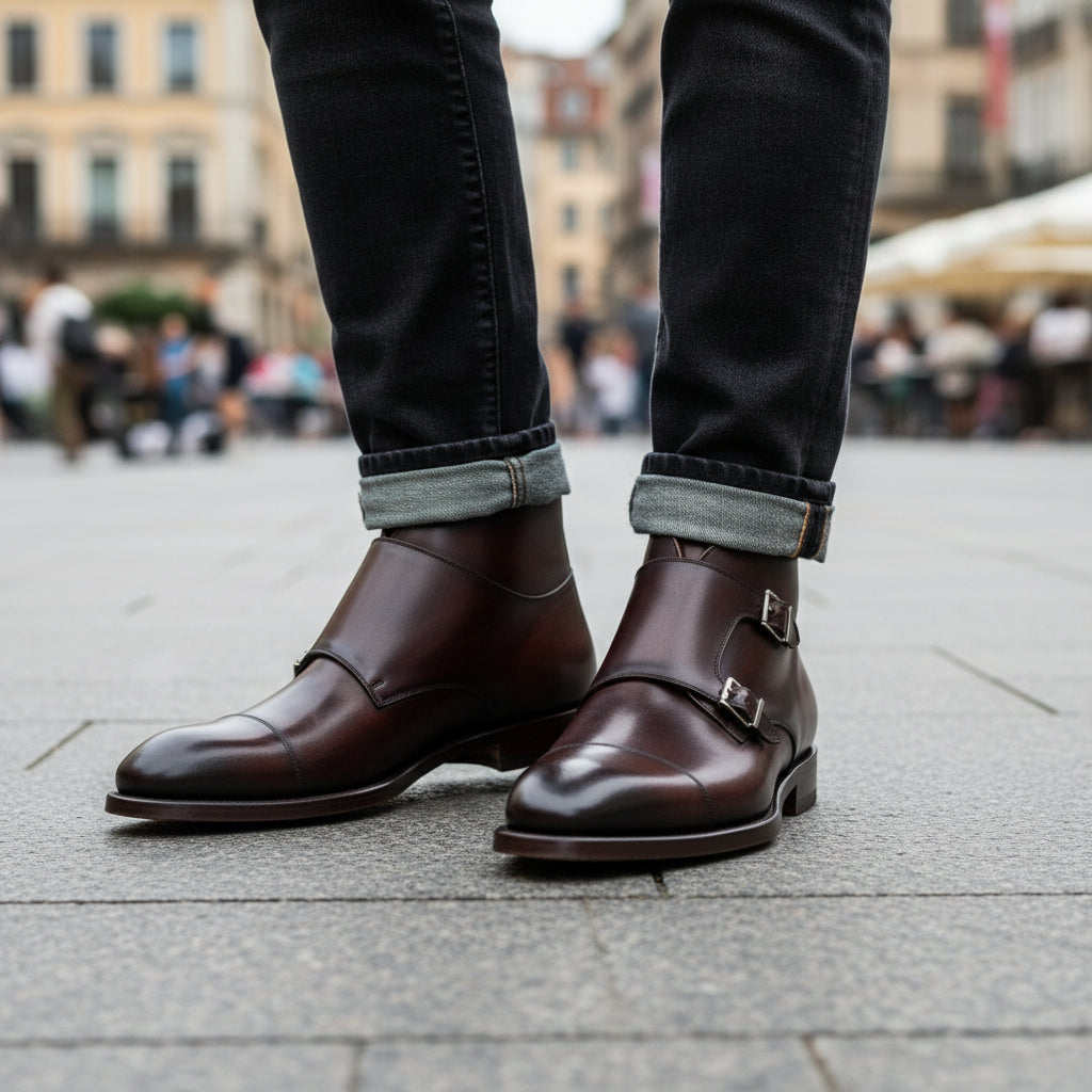 model-casual-setting - Men's Handmade Brown Leather Double Monk Strap Boots