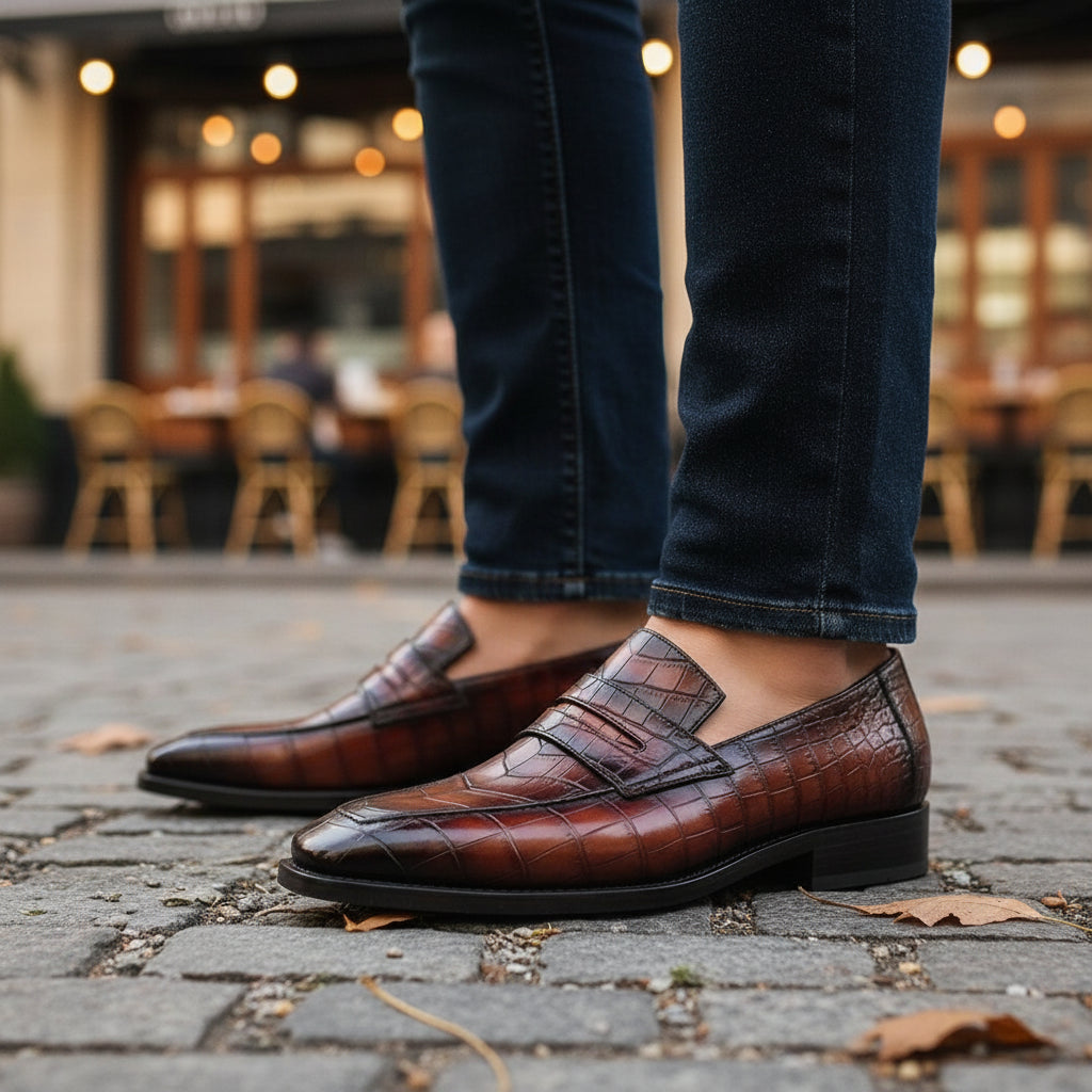 model-casual-setting - Men's Handmade Burgundy Alligator Pattern Leather Moccasins