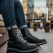 model-casual-setting - Men's Hexagon-Patterned Leather Motorcycle Boots