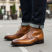 Men's Tan Brown Crocodile Leather Ankle Boots - model-casual-setting