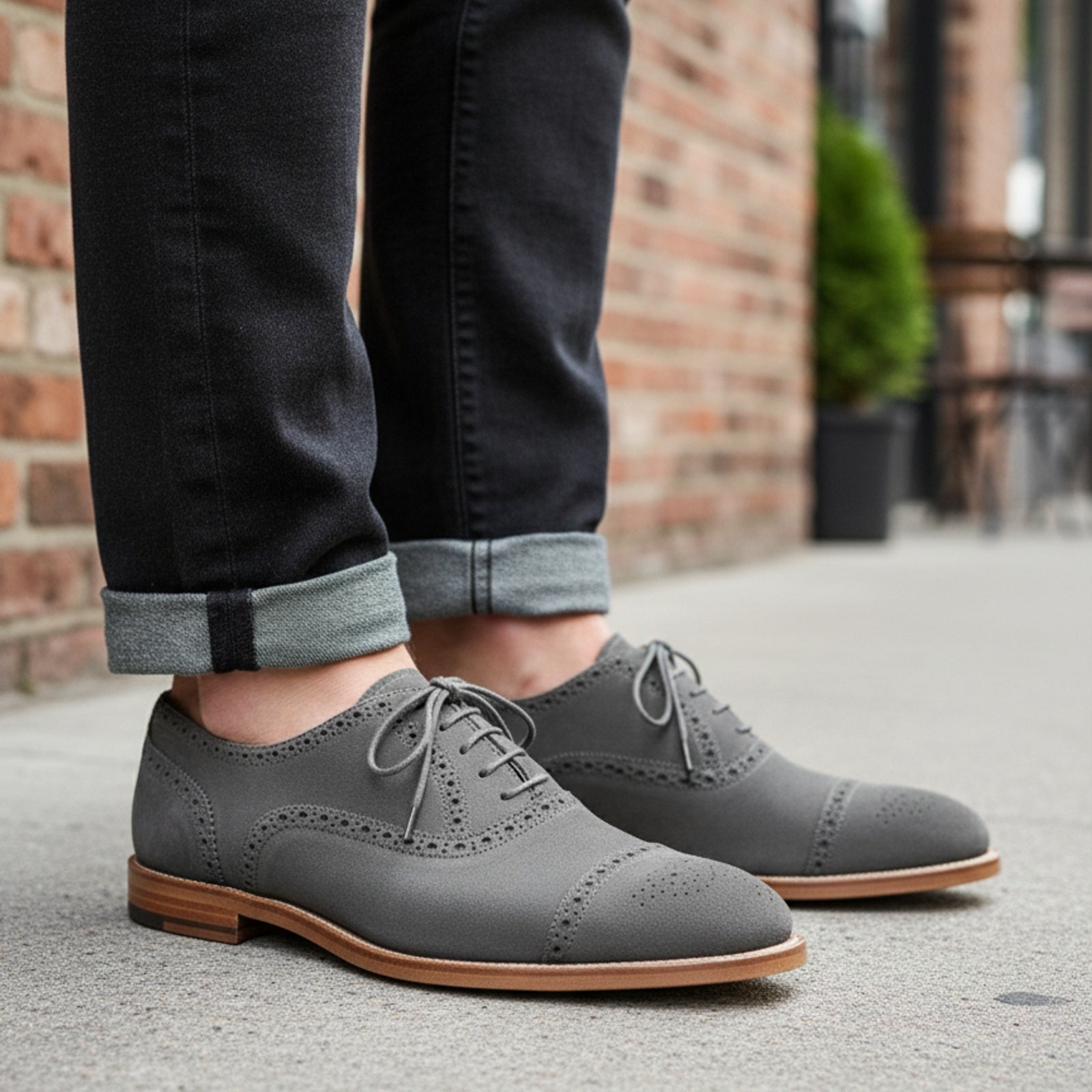 Men's Light Gray Suede Brogue Dress Shoes - model-casual-setting