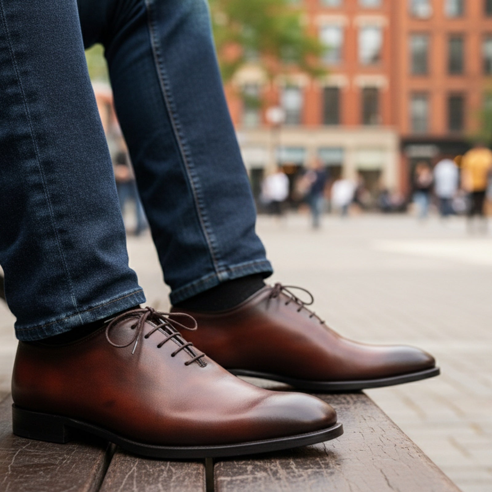 Men's Maroon Leather Oxfords Dress Shoes - model-casual-setting