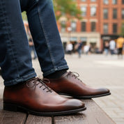 Men's Maroon Leather Oxfords Dress Shoes - model-casual-setting