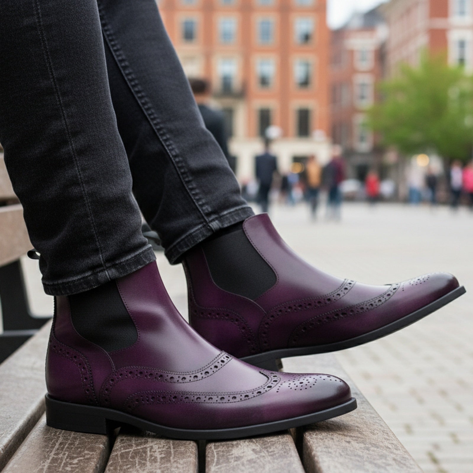 model-casual-setting - Men's Maroon Leather Wingtip Brogue Ankle Boots
