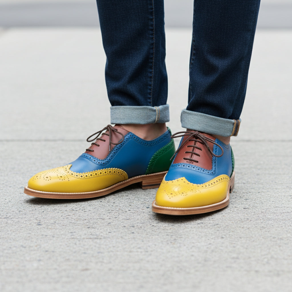 model-casual-setting - Men's Multi Color Leather Brogue Shoes with Lace-Up Closure