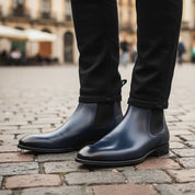 Men's Navy Blue Leather Ankle Chelsea Boots - model-casual-setting
