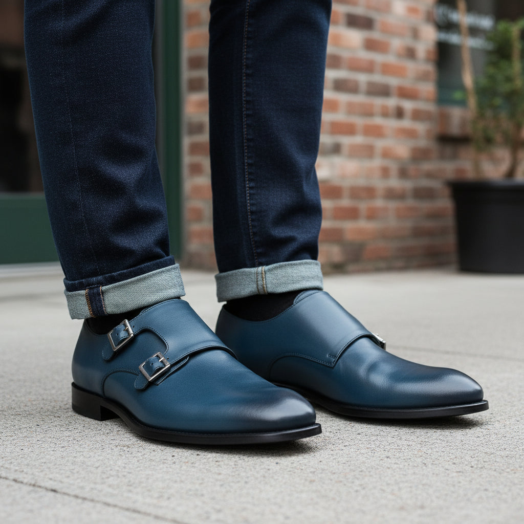 Men's Navy Blue Leather Monk Dress Shoes - model-casual-setting