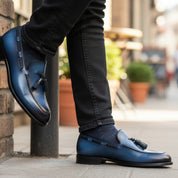 model-casual-setting - Men's Navy Blue Leather Tassel Loafers
