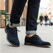 model-casual-setting - Men's Navy Blue Suede Oxfords