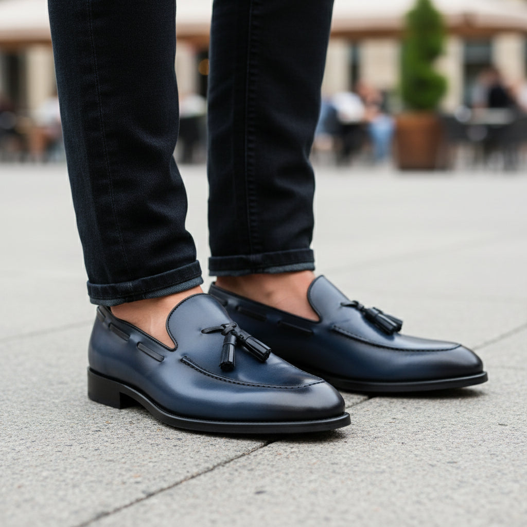 Men's Navy Blue Tassel Moccasins Leather Dress Shoes - model-casual-setting