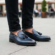 Men's Navy Blue Tassel Moccasins Leather Dress Shoes - model-casual-setting