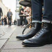 Men's Navy Blue Wingtip Brogue Leather Boots - model-casual-setting