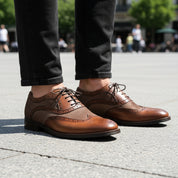 model-casual-setting - Men's Navy Suede Wingtip Oxford Shoes