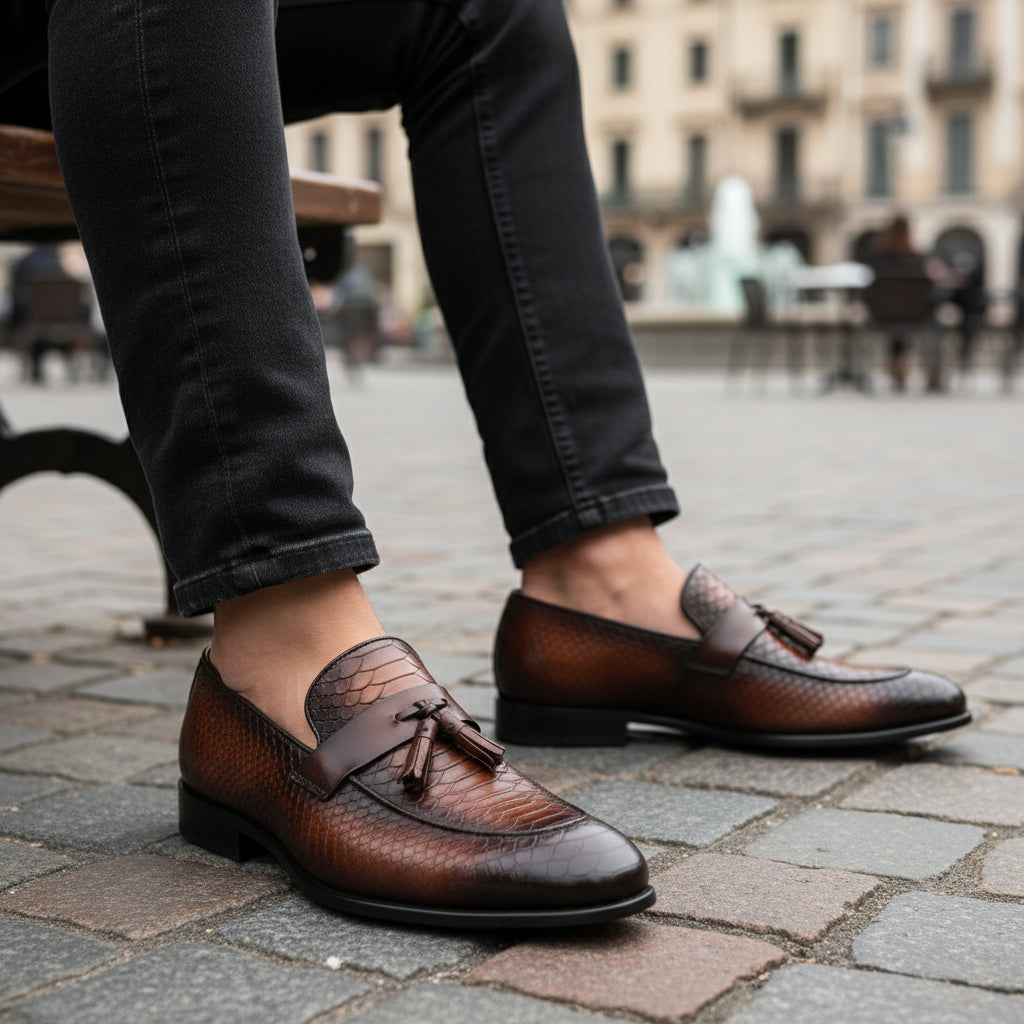 model-casual-setting - Men's Shaded Tan Leather Tassel Loafers