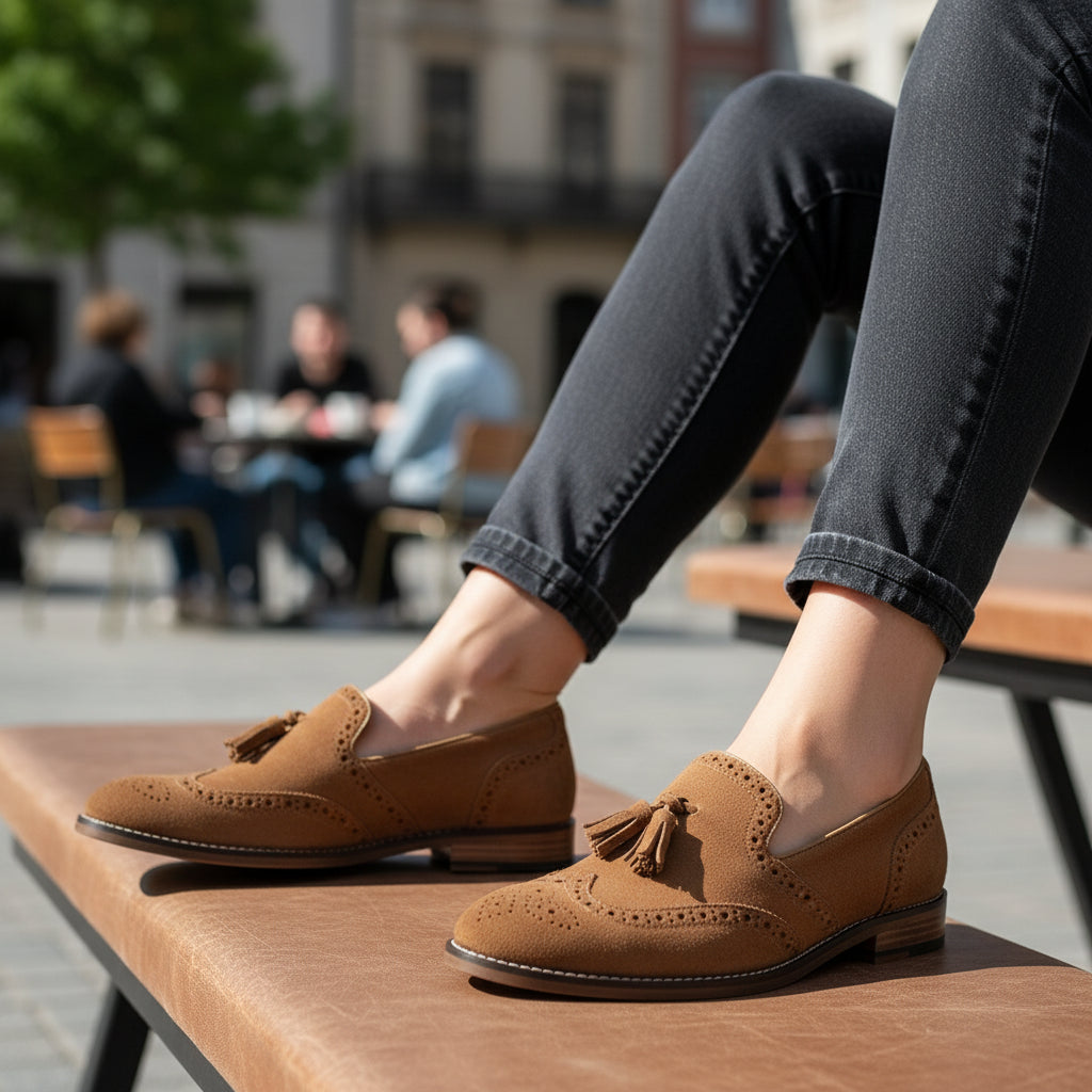 model-casual-setting - Men's Suede Cow Leather Brogue Slip-on Shoes
