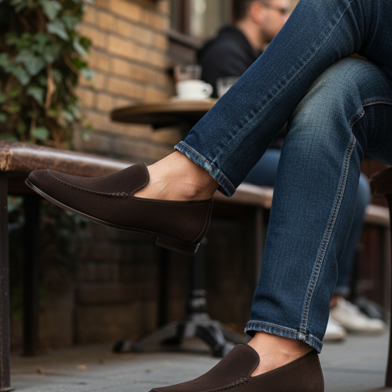 Men's Suede Slip-On Moccasins in Brown - model-casual-setting
