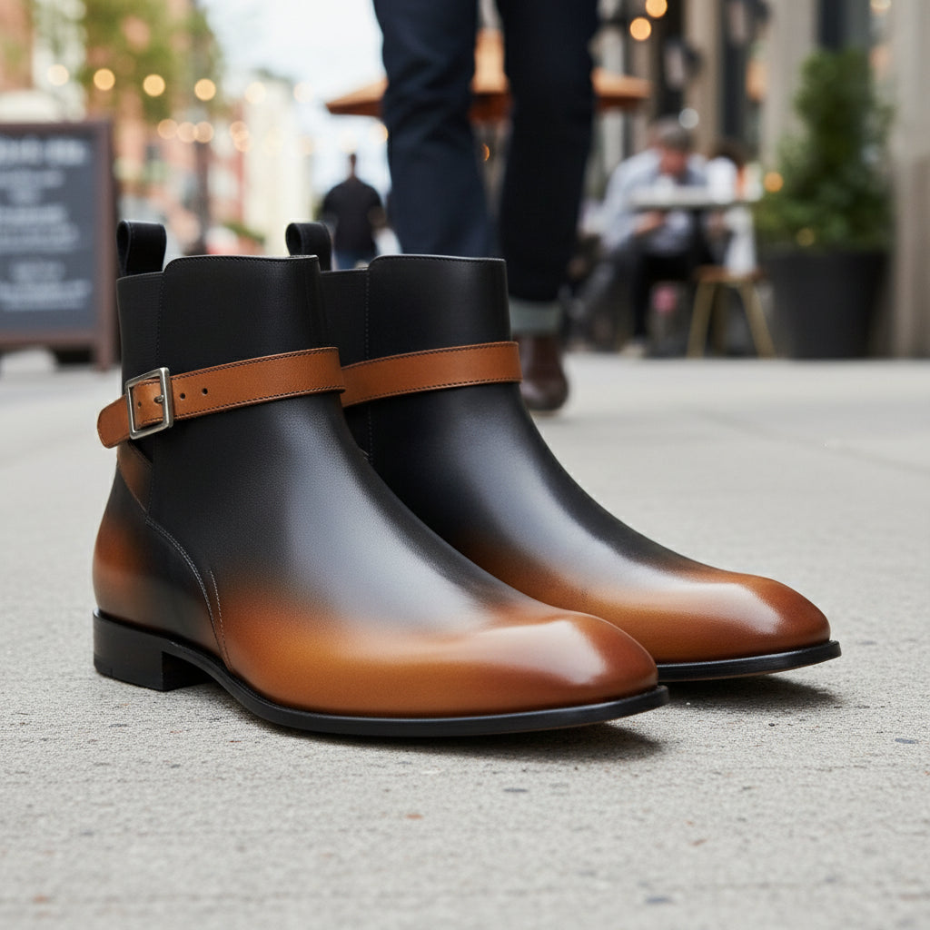 Men's Tan Black Leather Jodhpurs, Office Ankle Boots - model-casual-setting