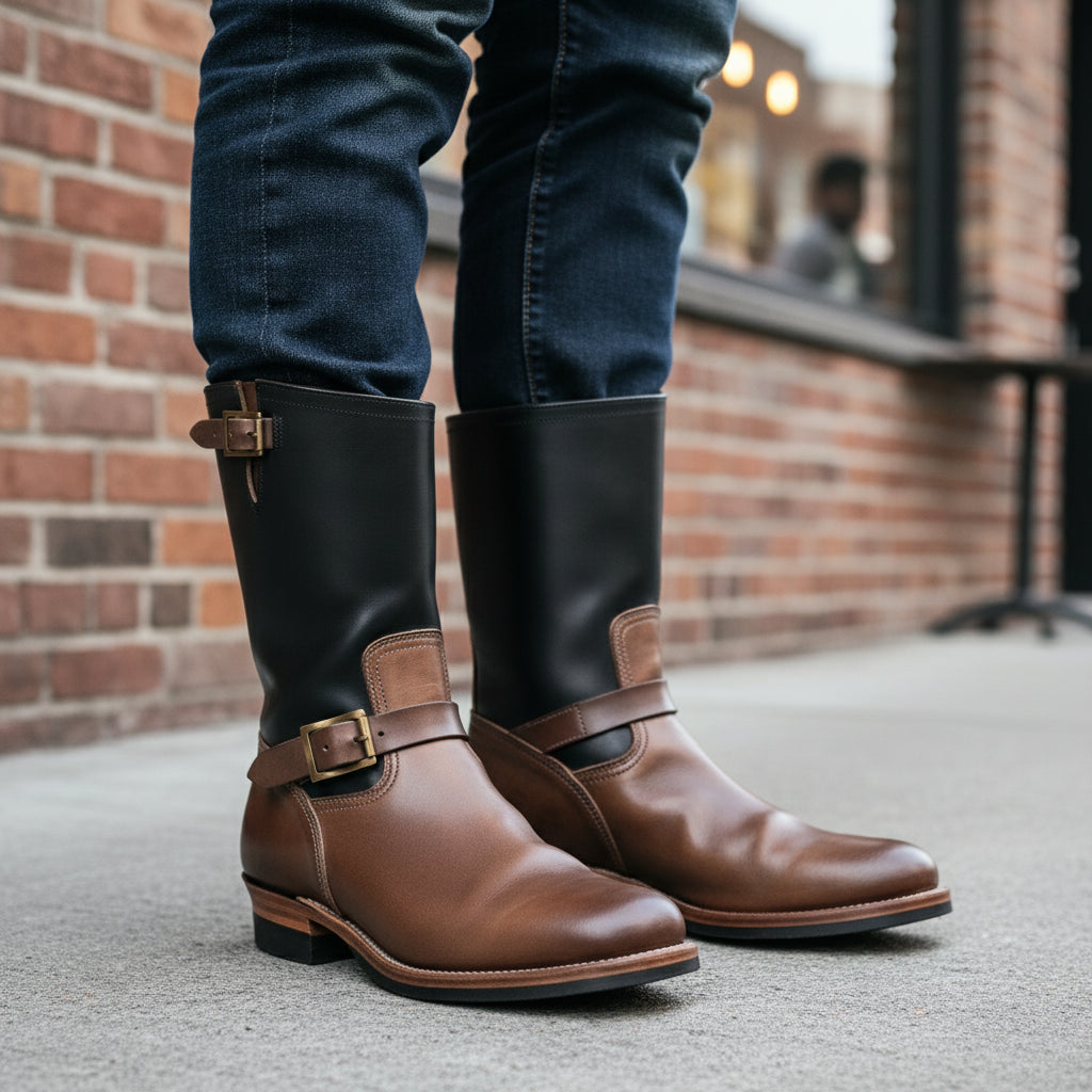 model-casual-setting - Men's Tan & Black Two-Tone Leather Biker Boots