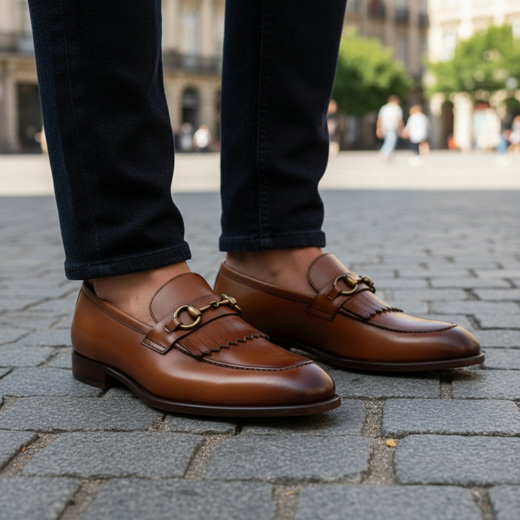 model-casual-setting - Men's Tan Brown Leather Moccasins Loafers with Tassel Accent