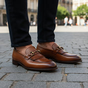 model-casual-setting - Men's Tan Brown Leather Moccasins Loafers with Tassel Accent