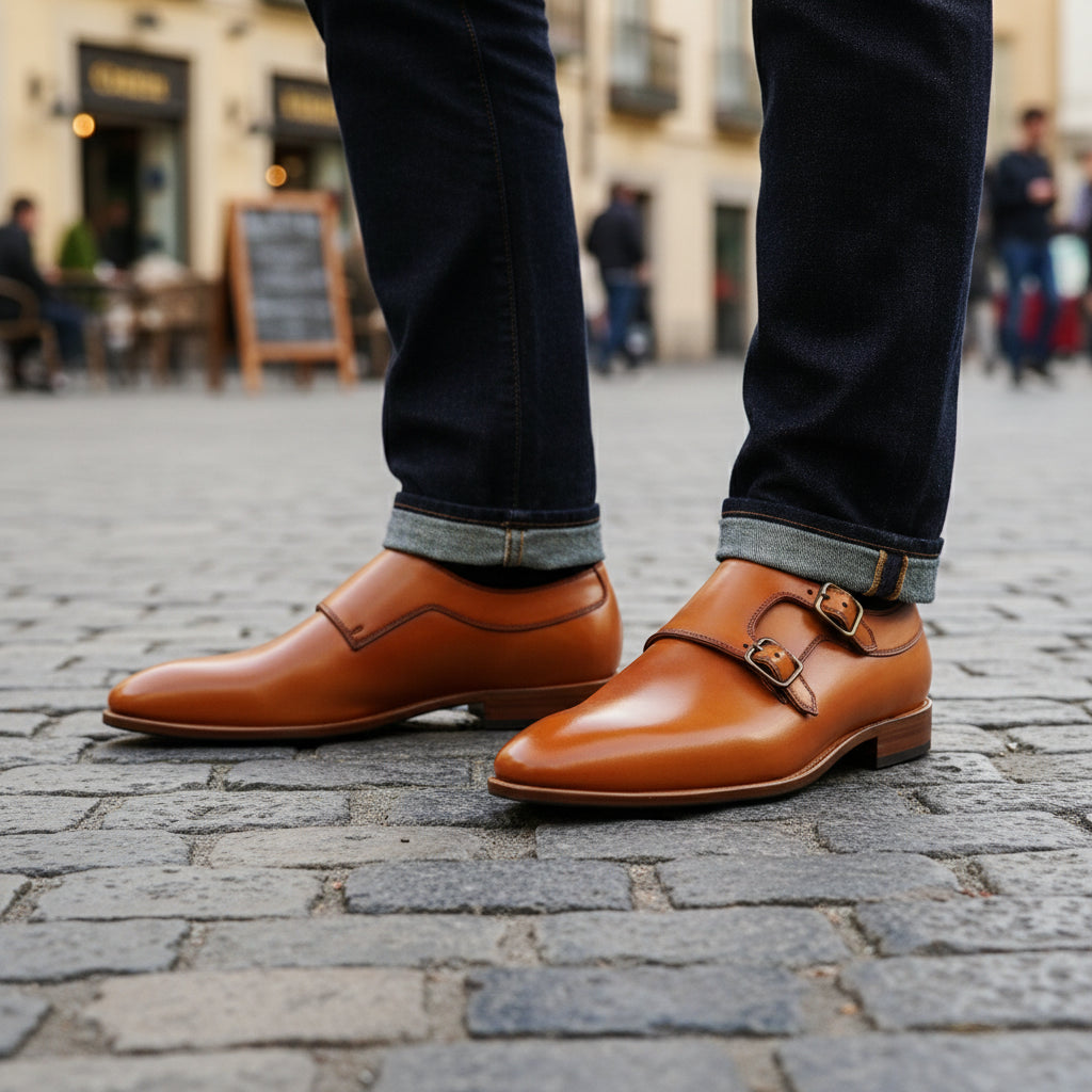 model-casual-setting - Men's Tan Double Monk Leather Dress Shoes