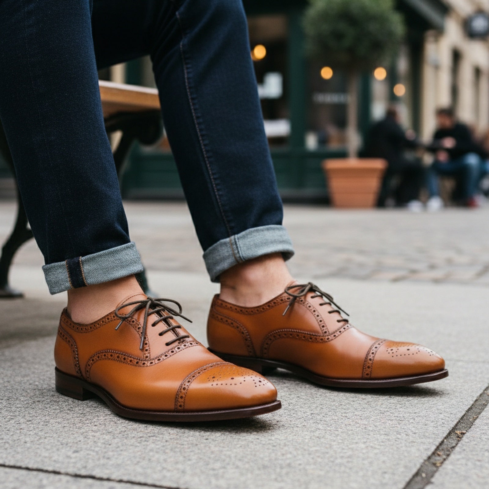 Men's Tan Leather Brogue Dress Shoes - model-casual-setting