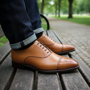 Men's Tan Leather Dress Shoes with Lace-up Closure - model-casual-setting