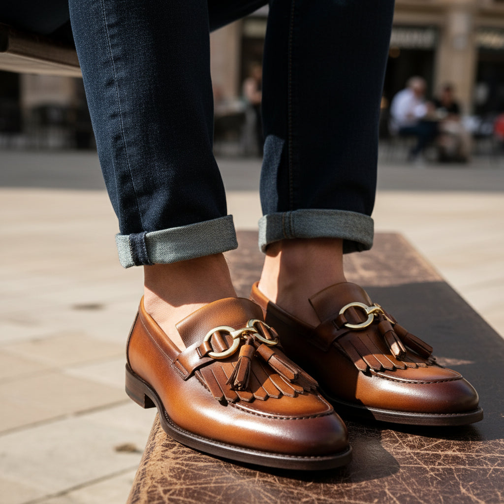 Men's Tan Leather Fringe Buckle Moccasins - model-casual-setting